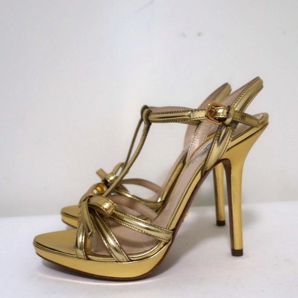Prada Bow Sandals Gold Metallic Leather Size 39 - Picture 6 of 12